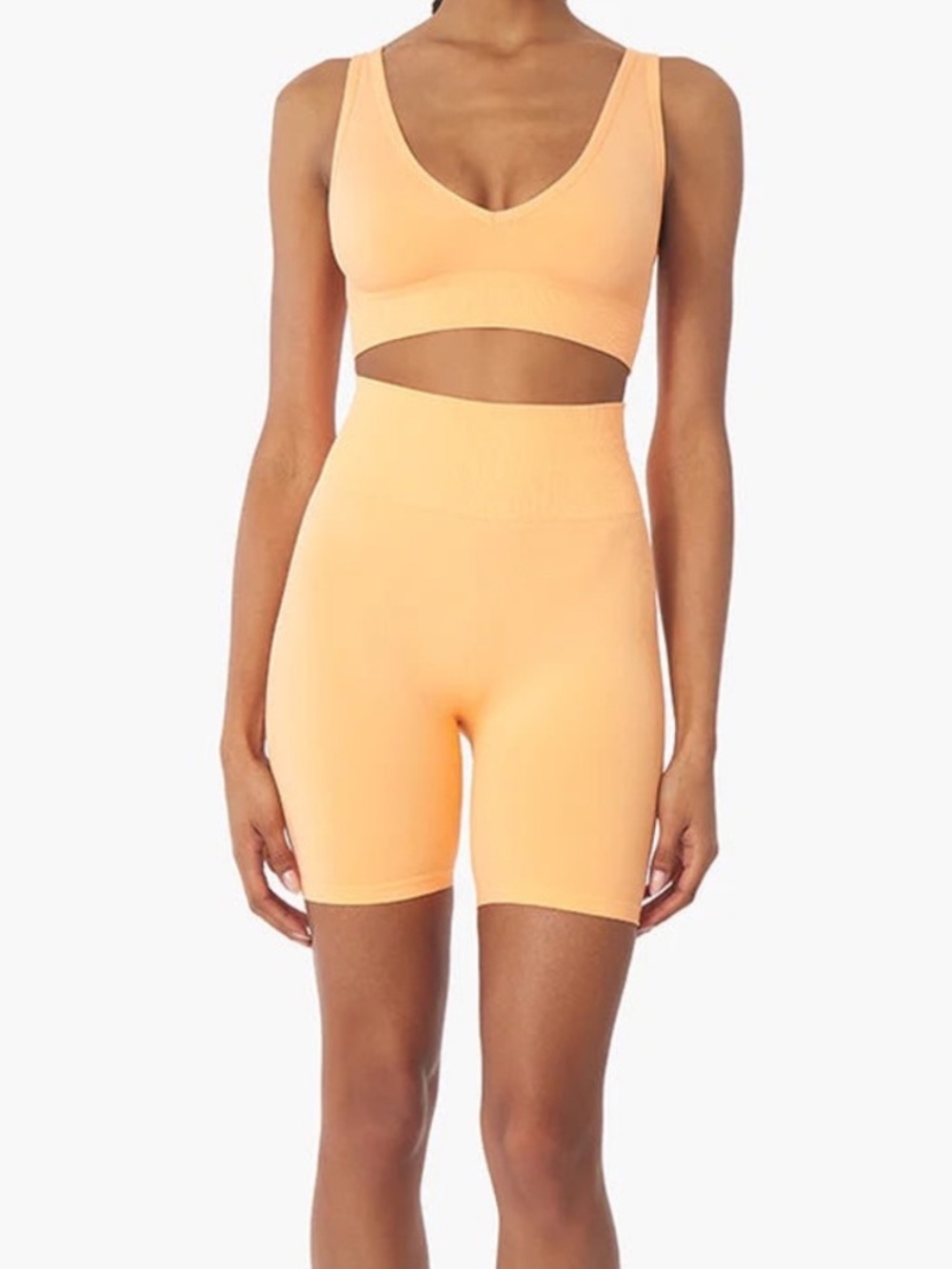 We Wore What Seamless Biker (small) and V-Neck (medium) in Peach Cobbler